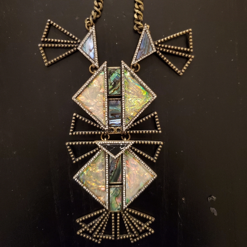 Baublebar art deco statement necklace, gold, green, black, cream, copper, stone - Picture 4 of 15